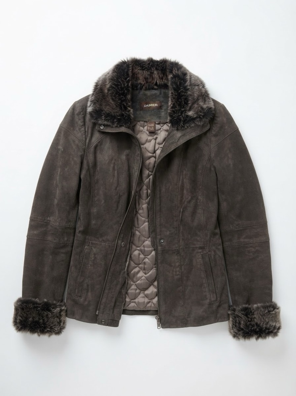 Women's Danier Genuine Suede Fur Trim Coat Jacket 2XS Brown Insulated Thinsulate